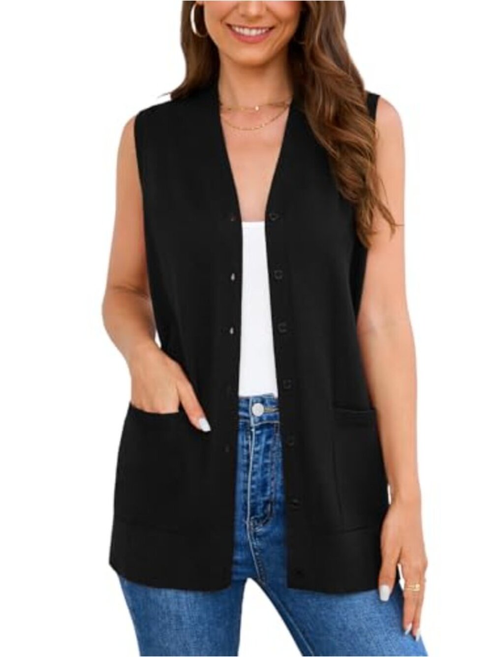 Women's Sleeveless Knit Cardigan V Neck Button Down Vest with Pockets